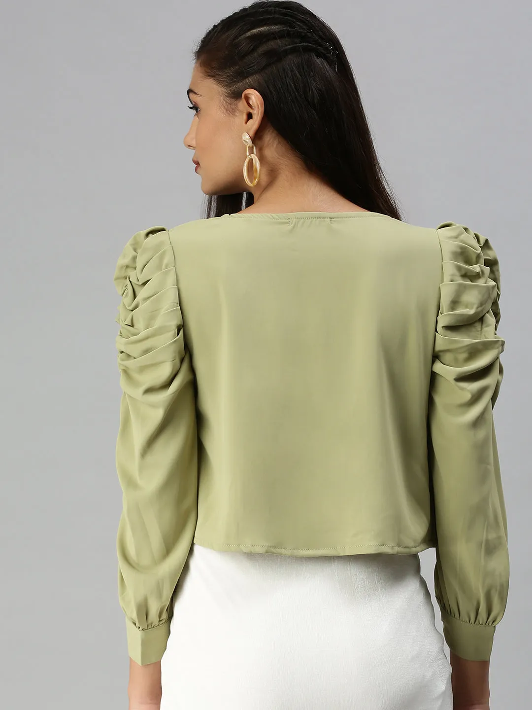 Daily Outfit Style Raw Hem Finish Women's Olive Crepe Wrap Top