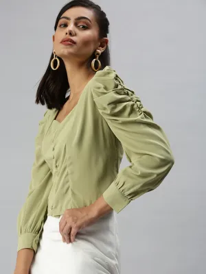 Women's Olive Crepe Wrap Top Holiday Trend Stretchable