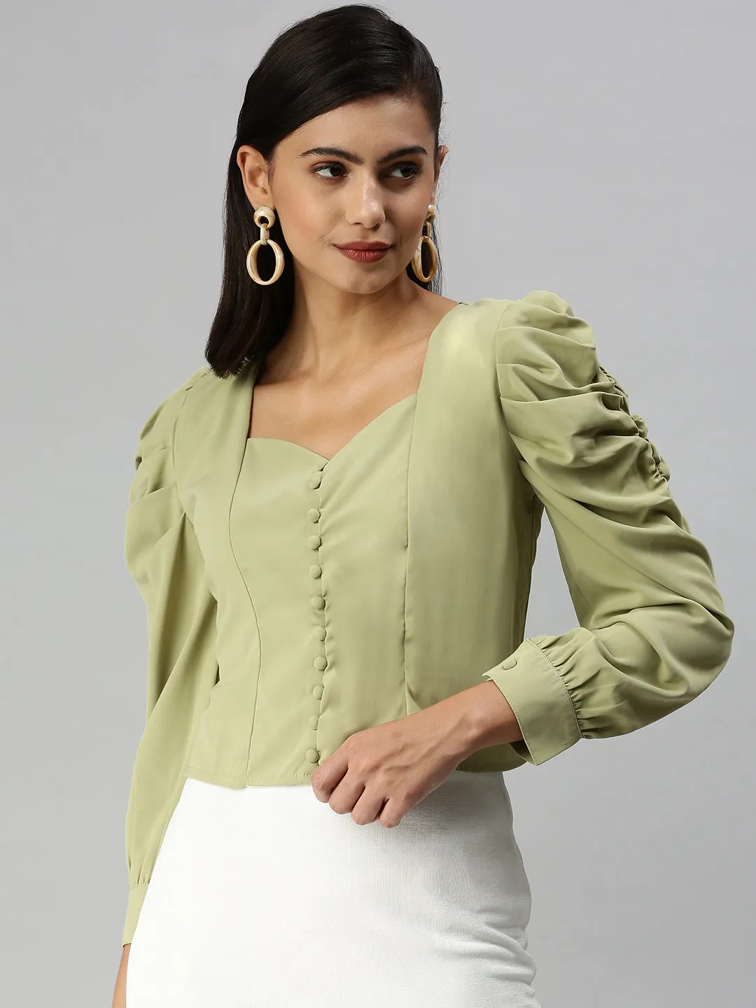 Collared formality Women's Olive Crepe Wrap Top