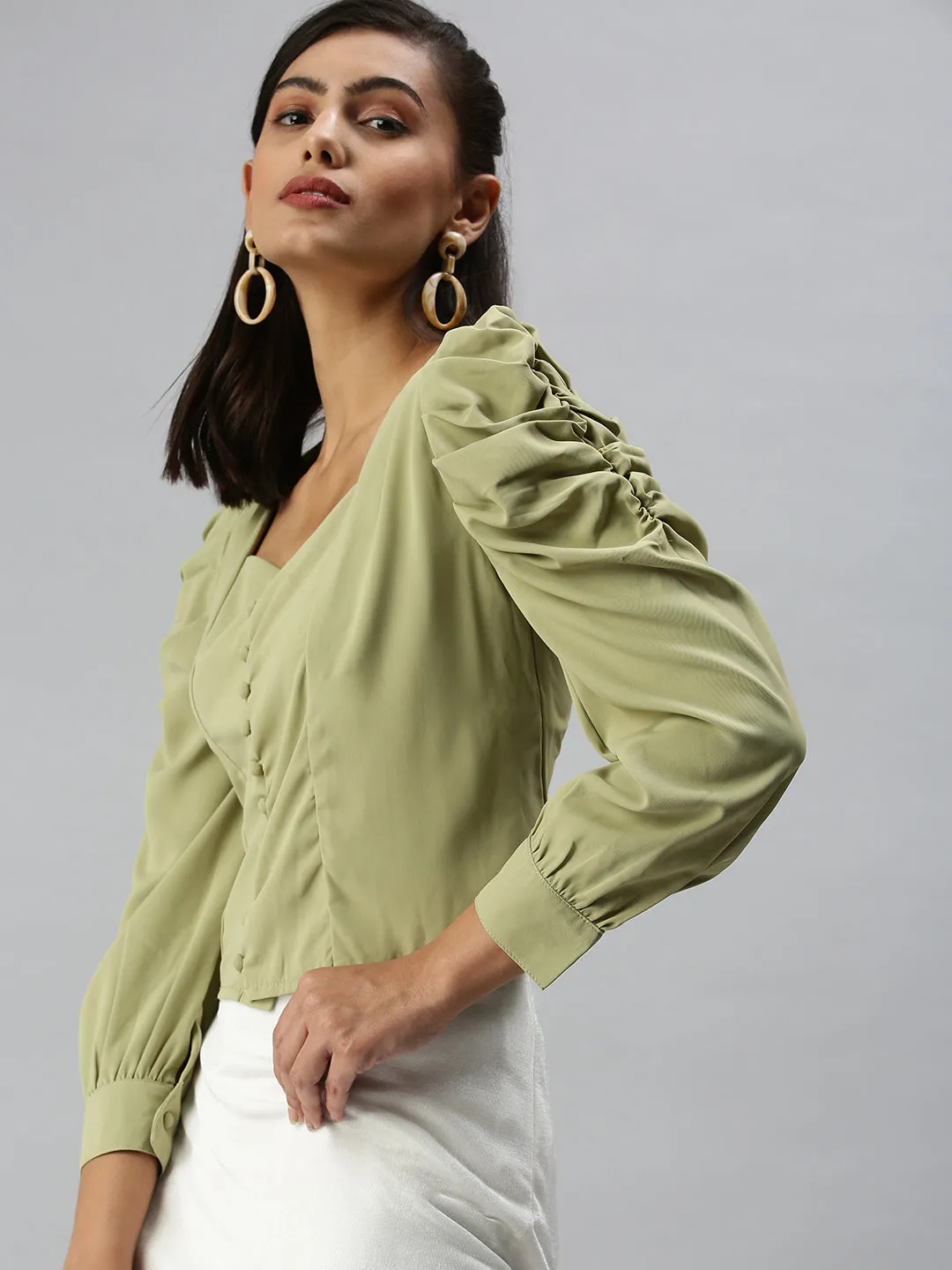 Women's Olive Crepe Wrap Top Holiday Trend Stretchable