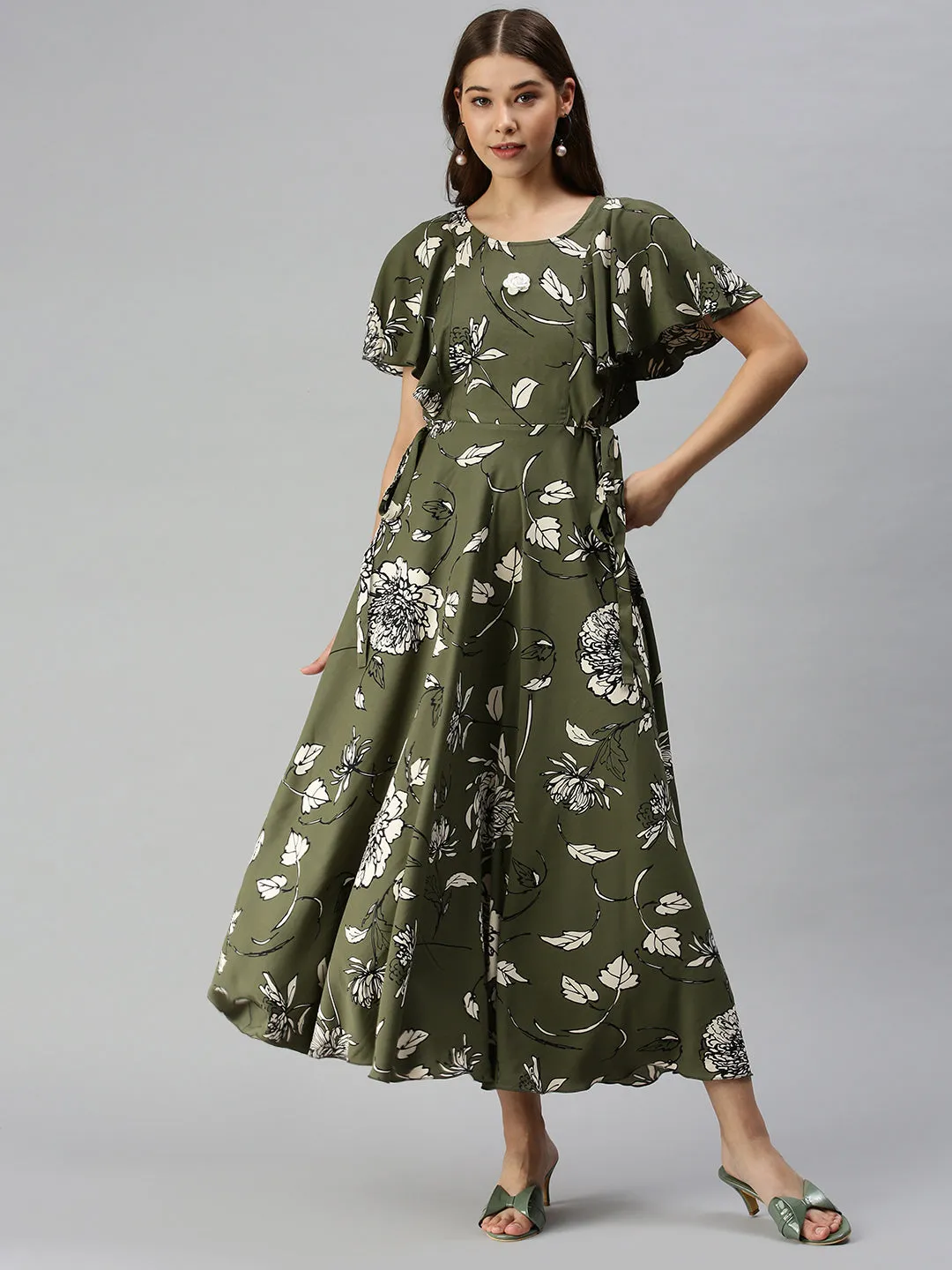 Women's Olive Floral Crepe A-Line Dress Dress for brunch