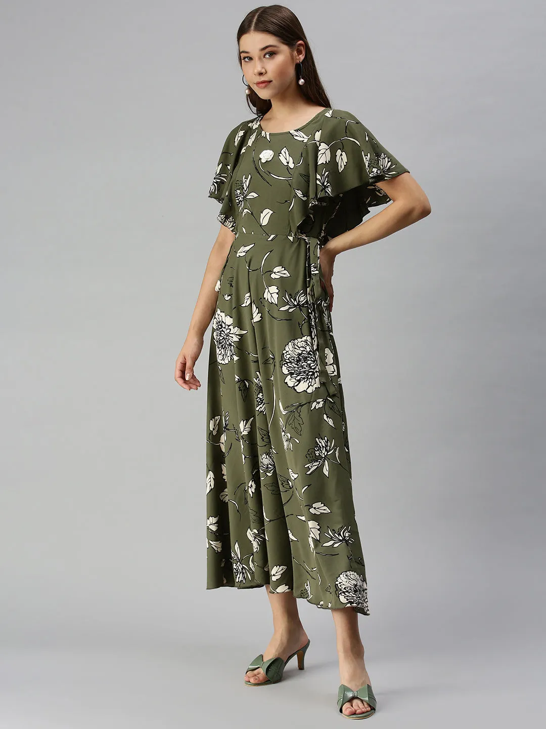 Women's Olive Floral Crepe A-Line Dress Versatile Cut