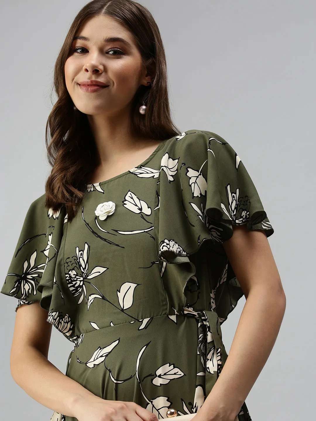 Women's Olive Floral Crepe A-Line Dress Trendy And Comfortable Shine Soft