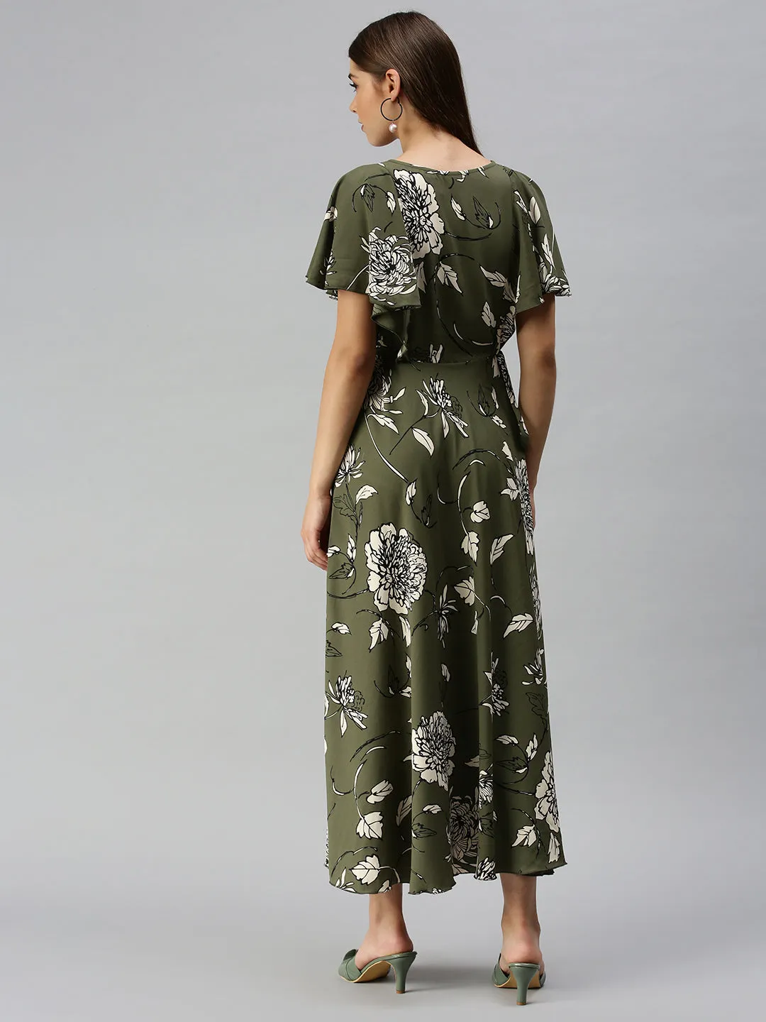 Balanced Texture Workwear Women's Olive Floral Crepe A-Line Dress