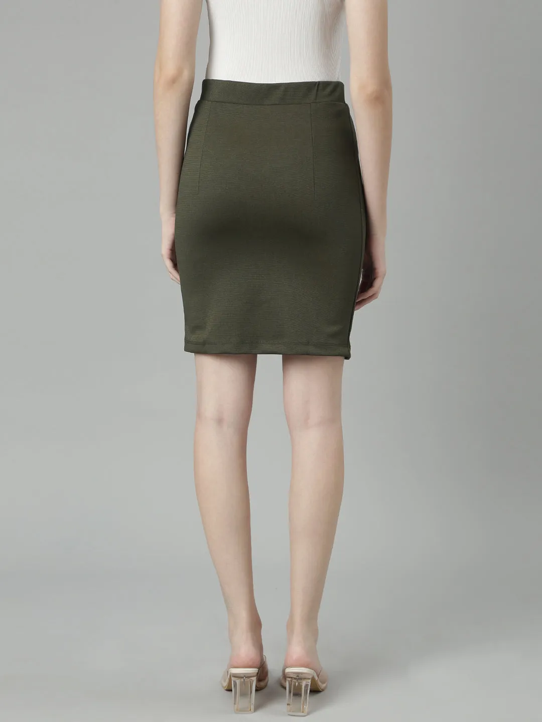 Women's Olive Front Slit Pencil Mini Skirt Smooth Feel