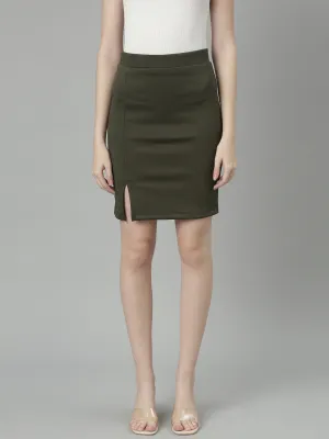 Durable Stitching Gathered waist Women's Olive Front Slit Pencil Mini Skirt