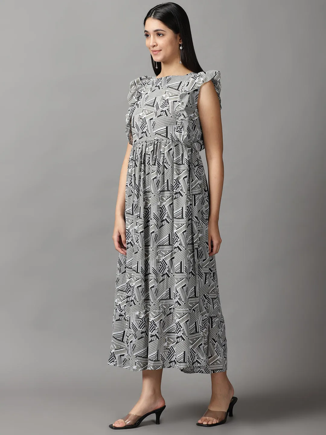 Modern Appearance Timeless Layering Women's Olive Geometrical Chiffon Fit and Flare Dress