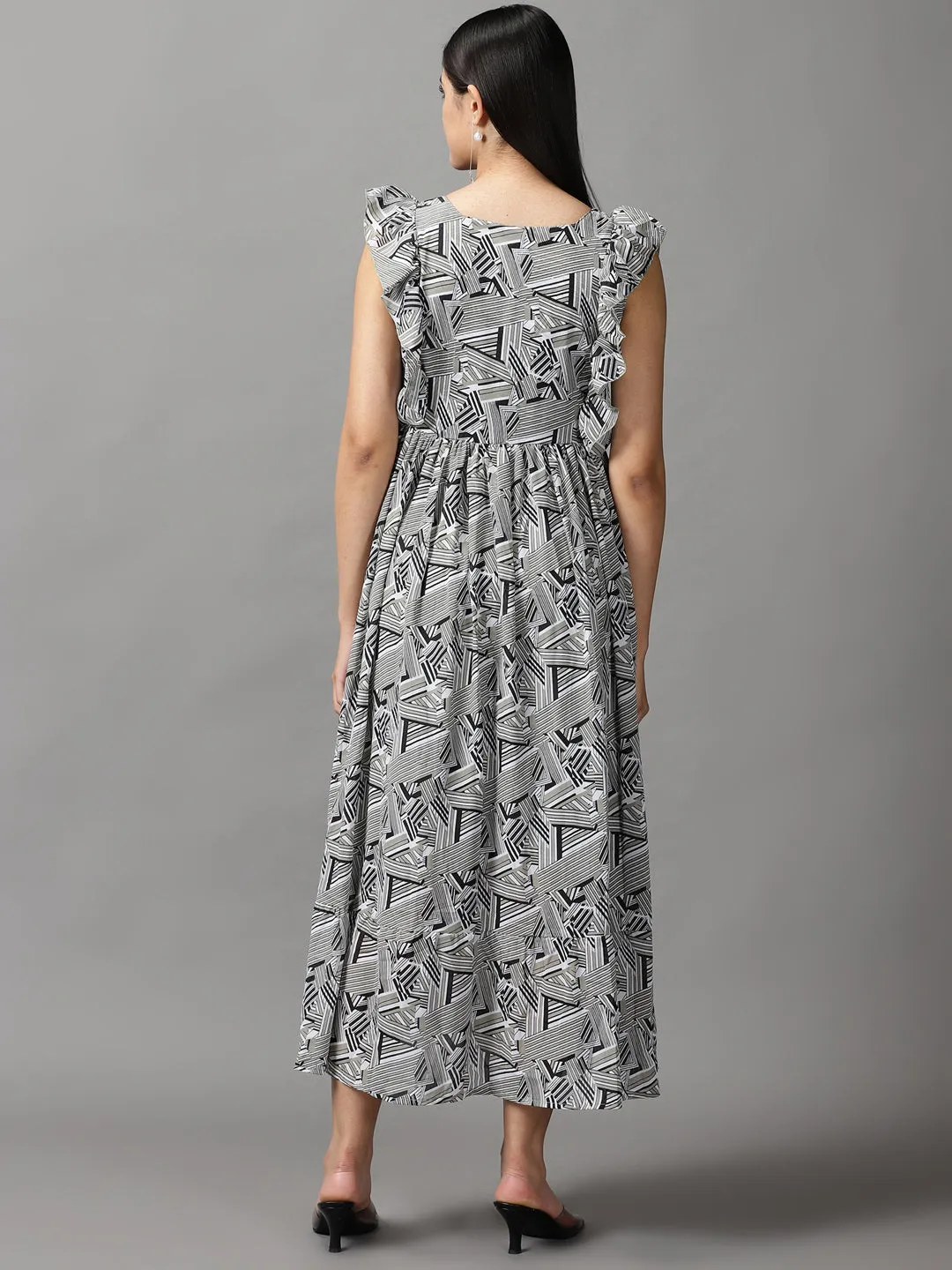 Sheer Panel Women's Olive Geometrical Chiffon Fit and Flare Dress