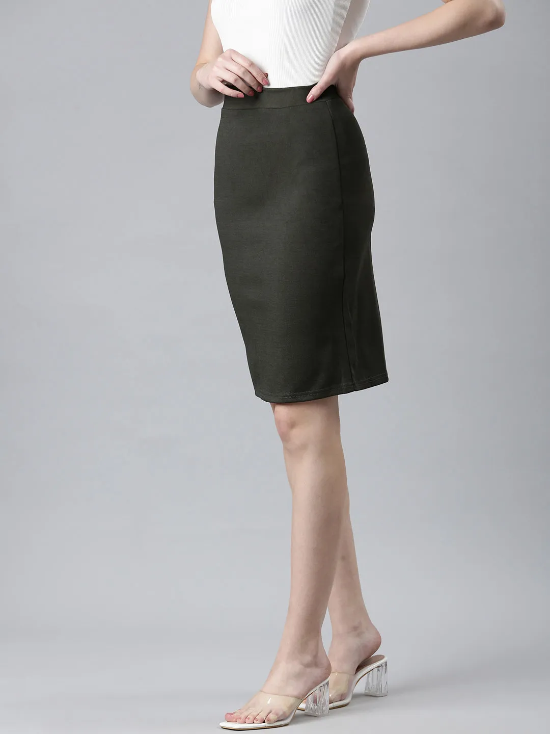 Soft Combo Quick Wear Women's Olive Knee Length Pencil Skirt