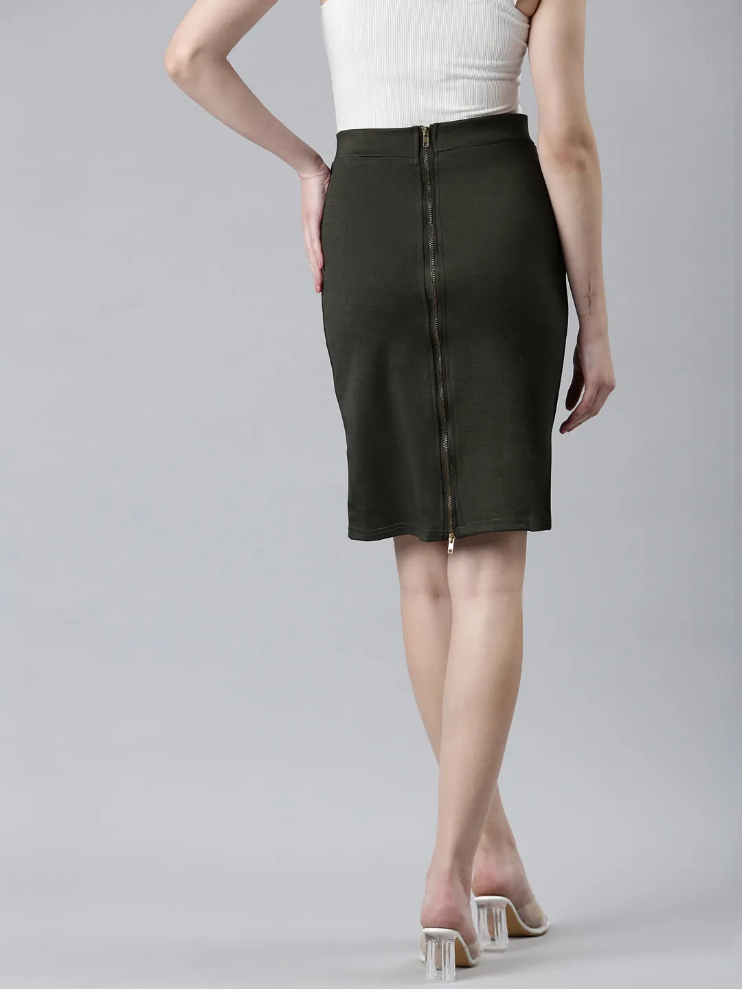 Contrast Panel Women's Olive Knee Length Pencil Skirt