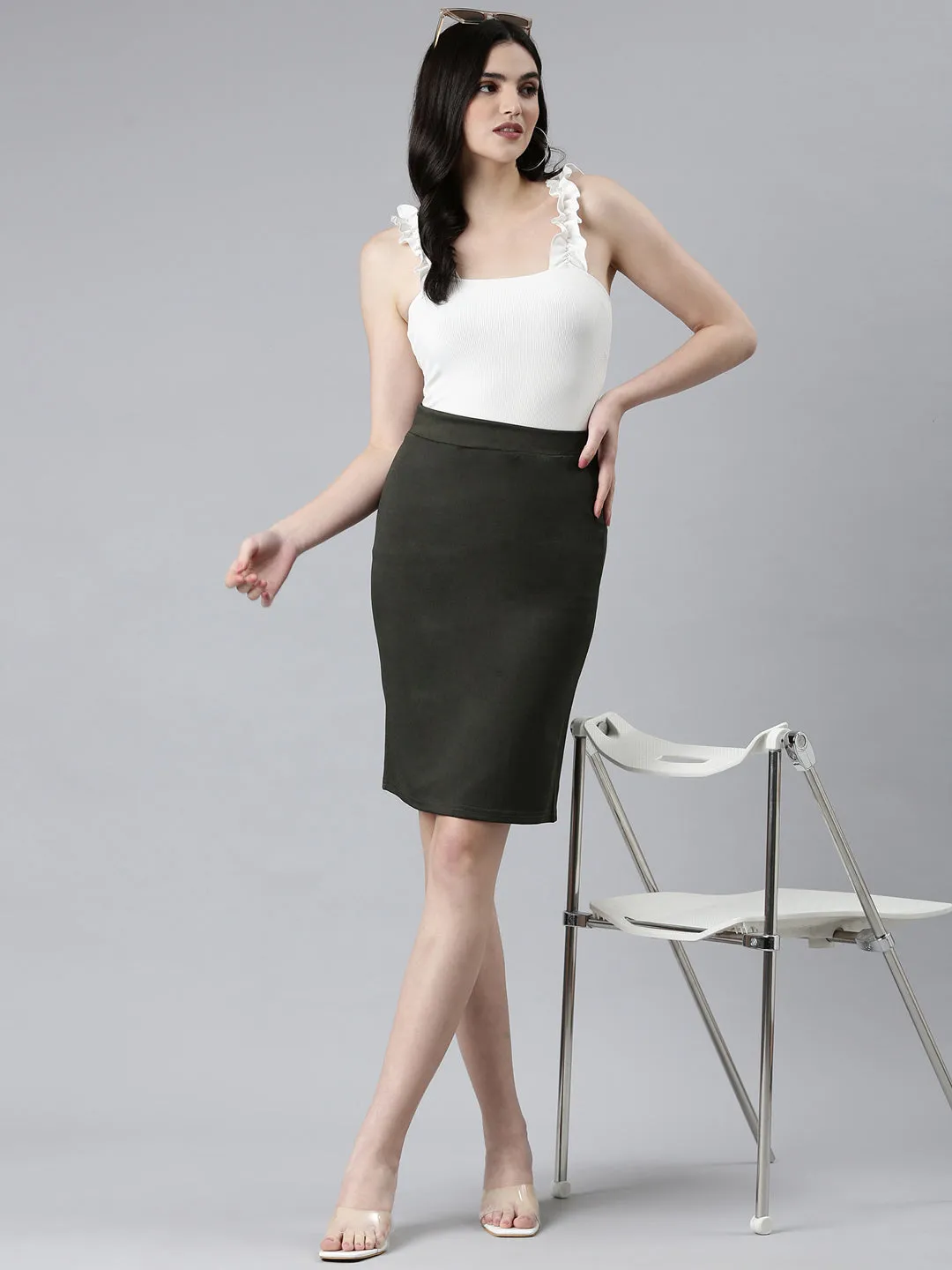 Women's Olive Knee Length Pencil Skirt Comfortable Feel