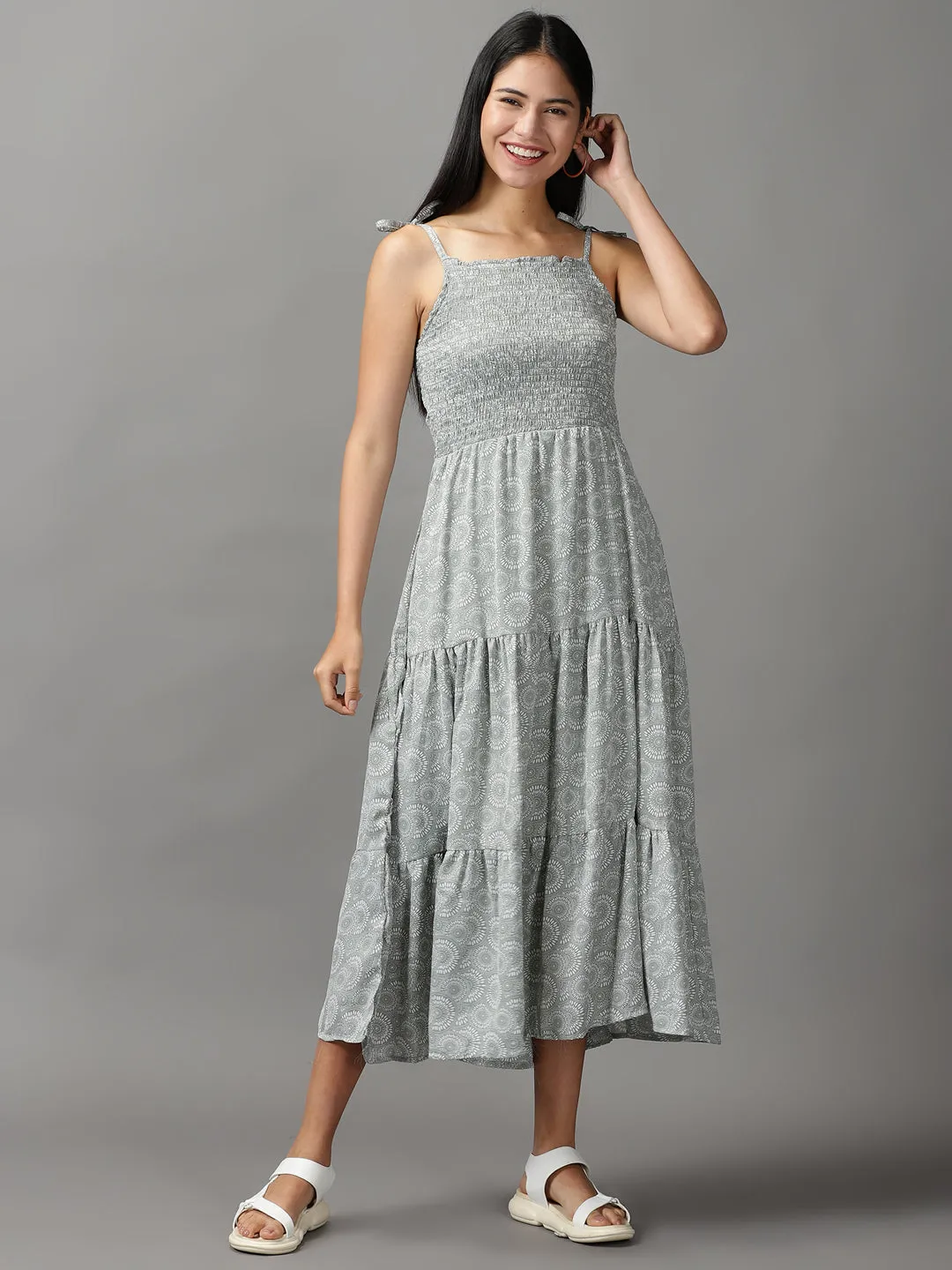 Women's Olive Off Ethnic Motifs Fit & Flare Dress Comfortable casual dress