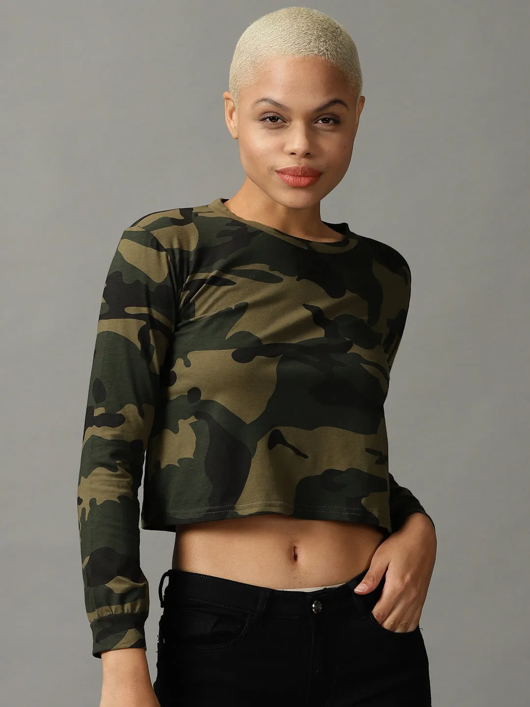 Women's Olive Printed Top Classic Crew Neck Breezy Comfort