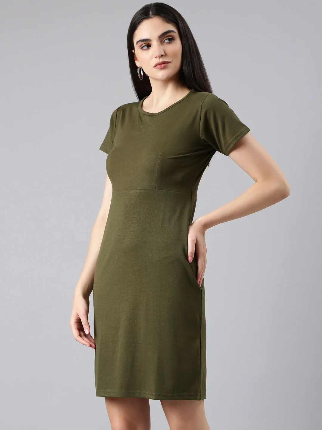 Soft Fashion Minimal Core Women's Olive Round Neck T-shirt Mini Dress