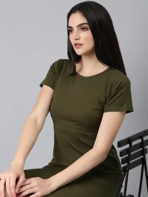 Sheer Light Women's Olive Round Neck T-shirt Mini Dress