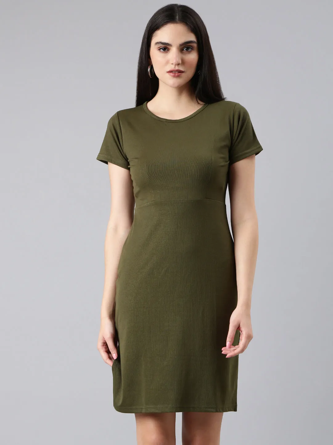 Women's Olive Round Neck T-shirt Mini Dress Chic Wear