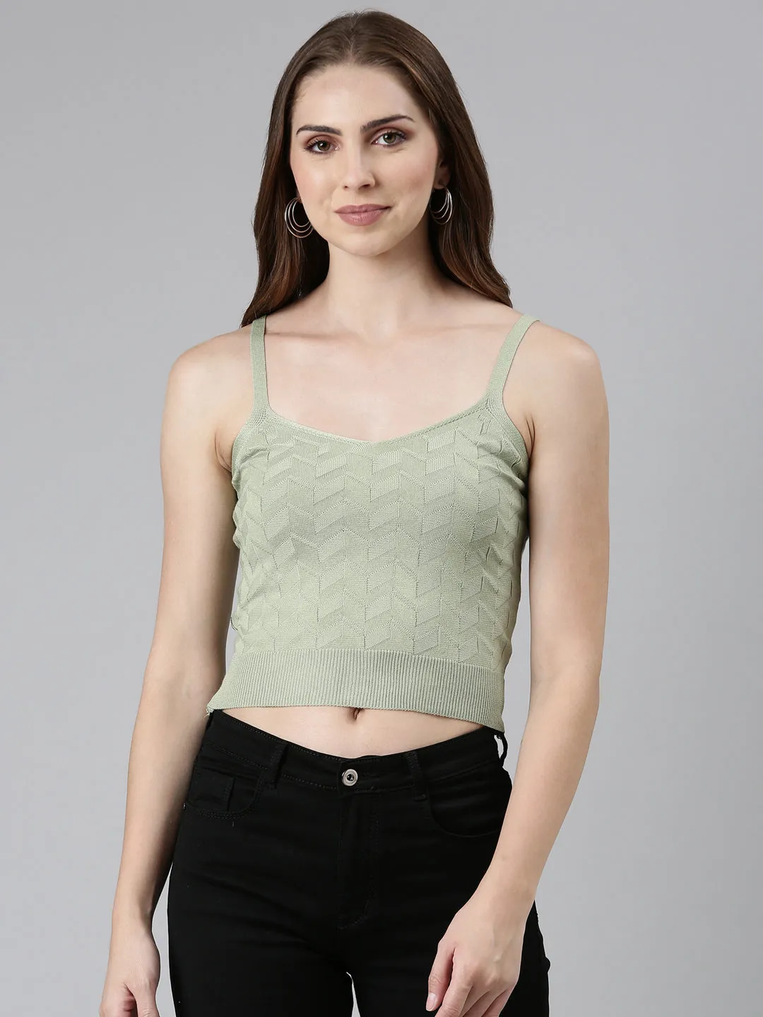 Women's Olive Self Design Shoulder Straps Fitted Crop Top Sporty Layer Look MinimalBranding