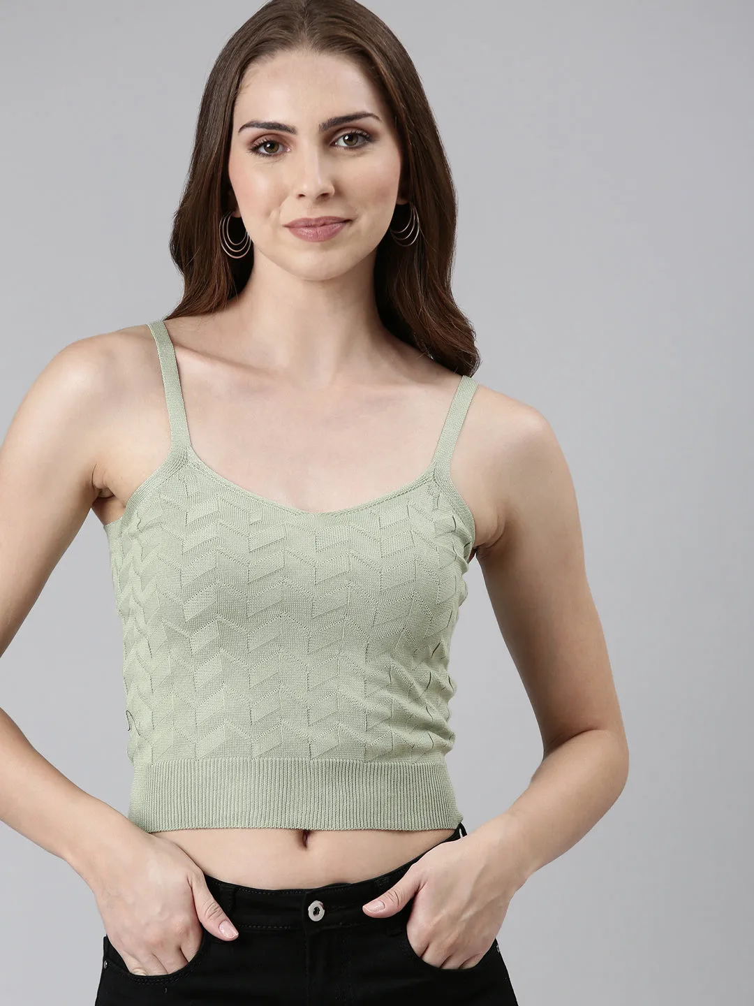 Women's Olive Self Design Shoulder Straps Fitted Crop Top Sleek Design Comfy Casual Wear