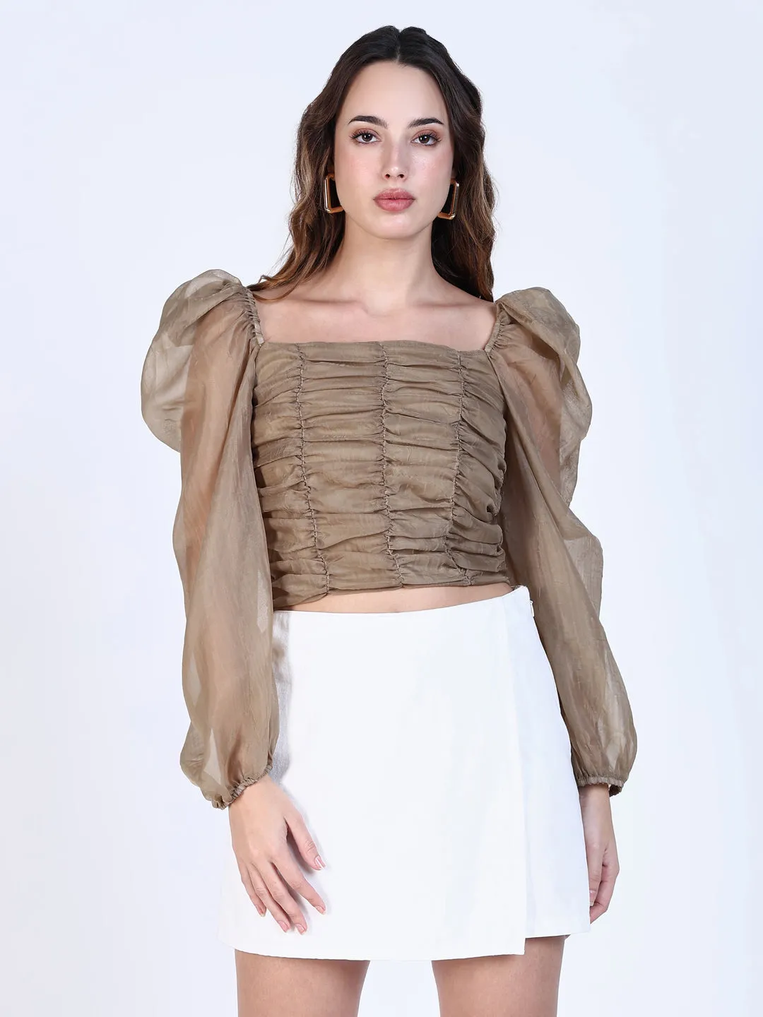 Women's Olive Square Neck Puff Sleeves Crop Top Quick Layer Fit Modern Twist