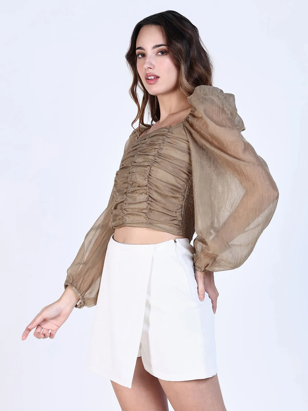 Women's Olive Square Neck Puff Sleeves Crop Top Cozy Wear Design Wicking Interlock Knit