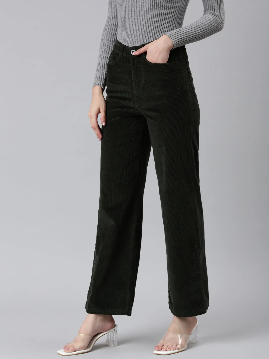 Non Restrictive Women's Olive Straight Fit High-Rise Trousers