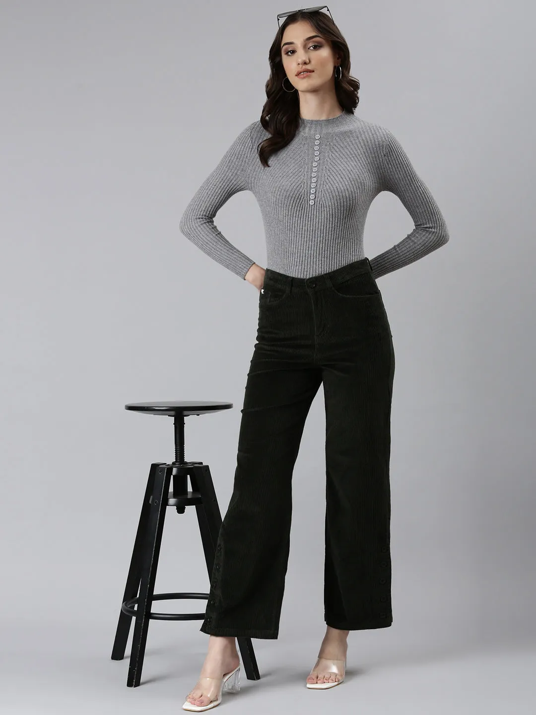 Women's Olive Straight Fit High-Rise Trousers tech fabric