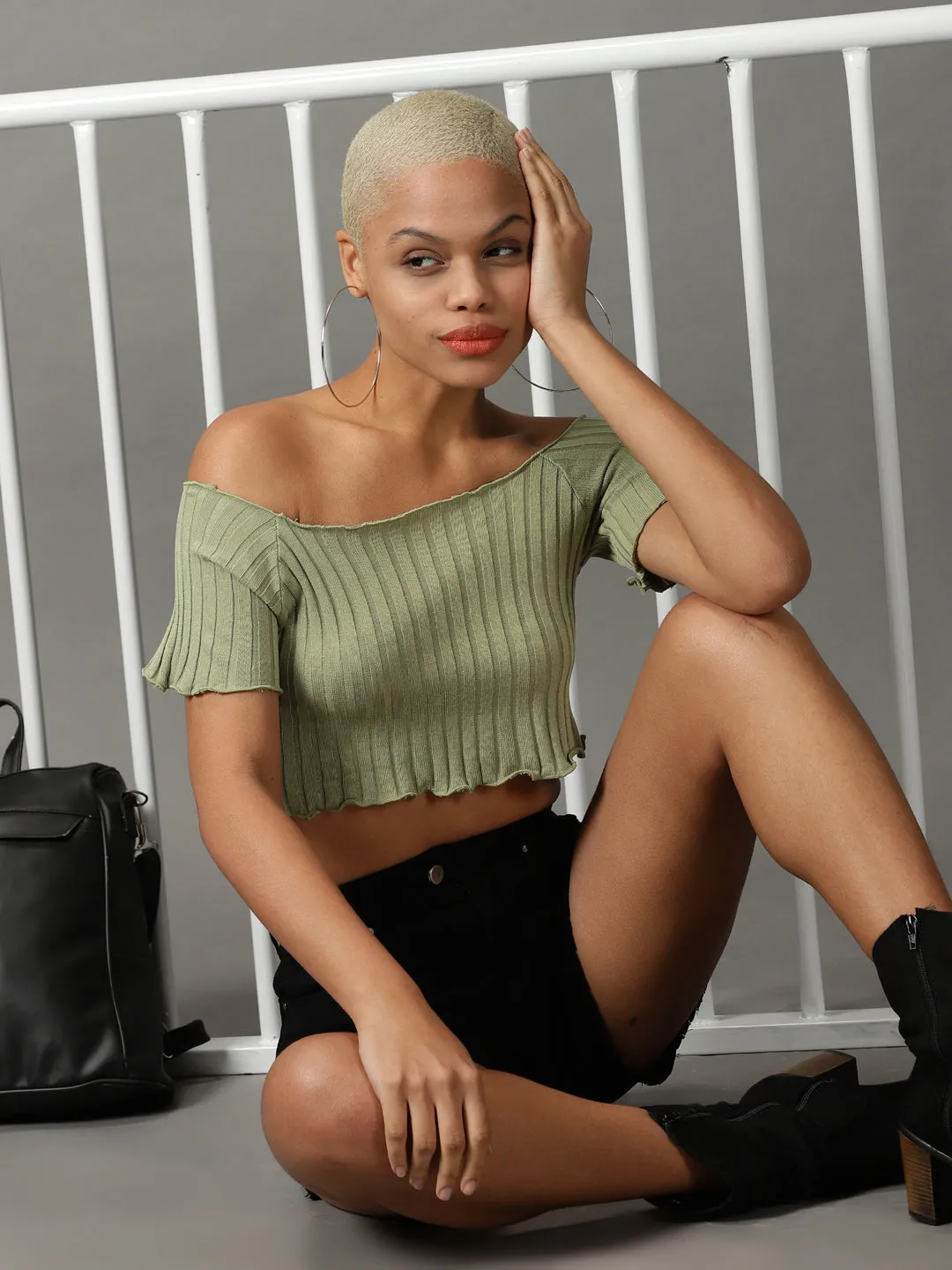 Women's Olive Striped Off-Shoulder Bardot Acrylic Top Gym clothing contrast