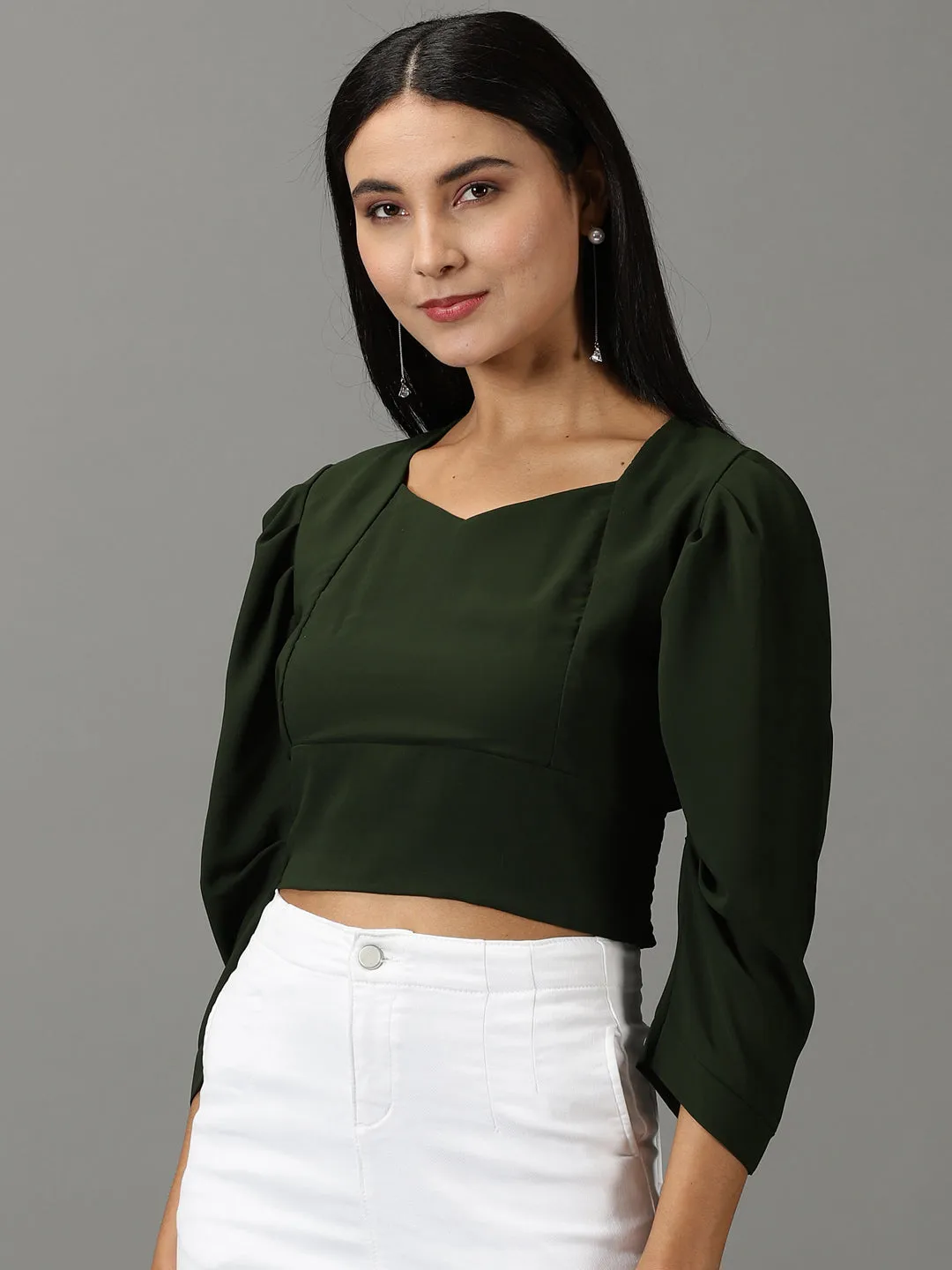 Holiday Casual Quick Access Women's Olive Sweetheart Neckline Smocking Crop Top