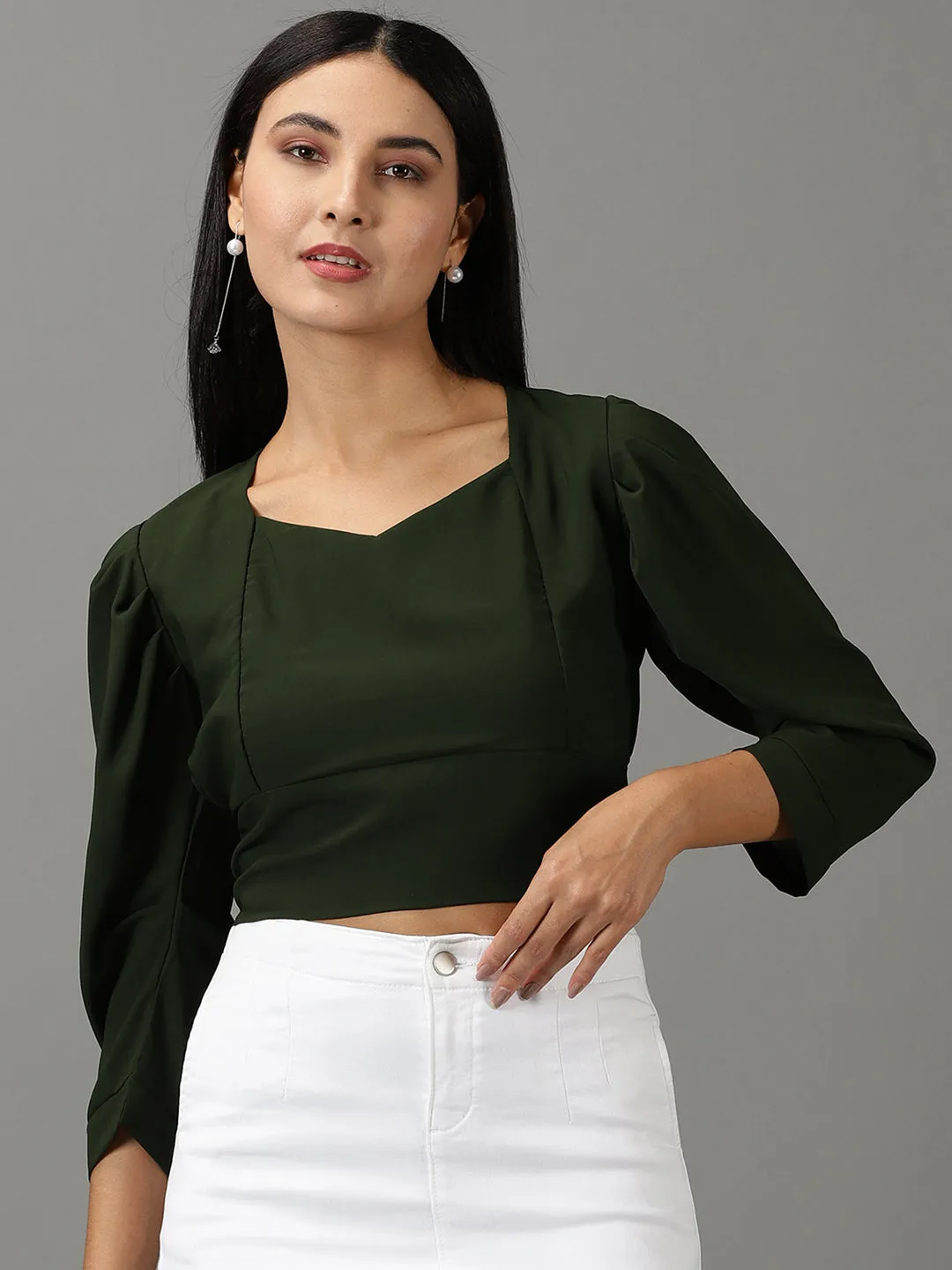 Women's Olive Sweetheart Neckline Smocking Crop Top Fun and Relaxed