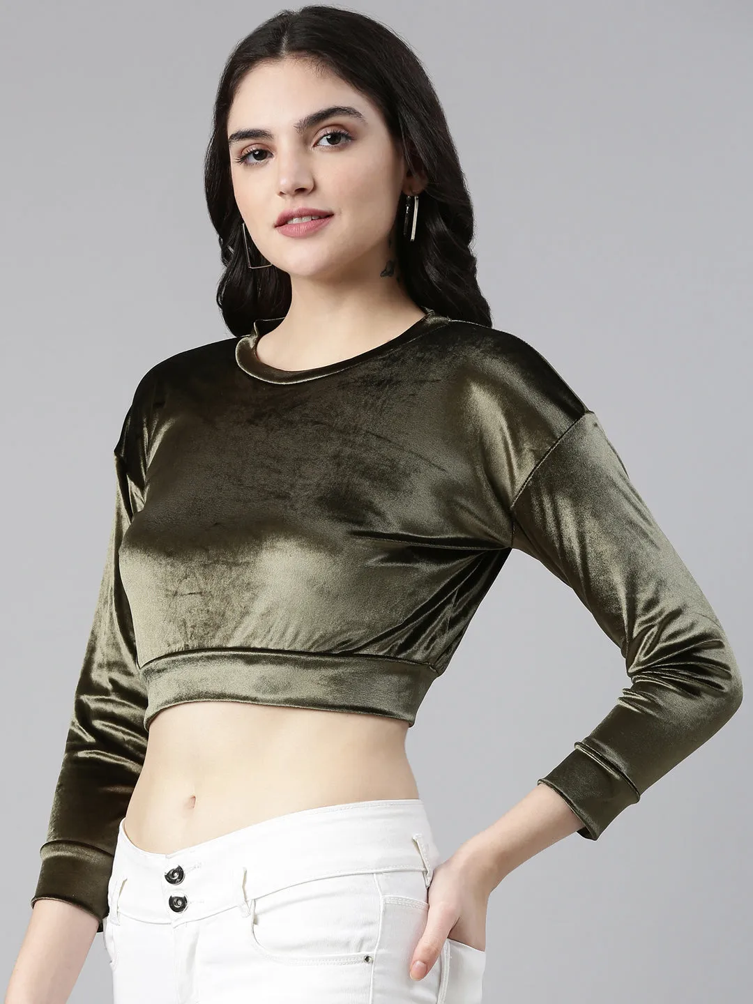 Summer Style Wrinkle Resistant Finish Women's Olive Velvet Blouson Crop Top