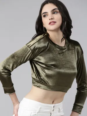Travel Ready Women's Olive Velvet Blouson Crop Top