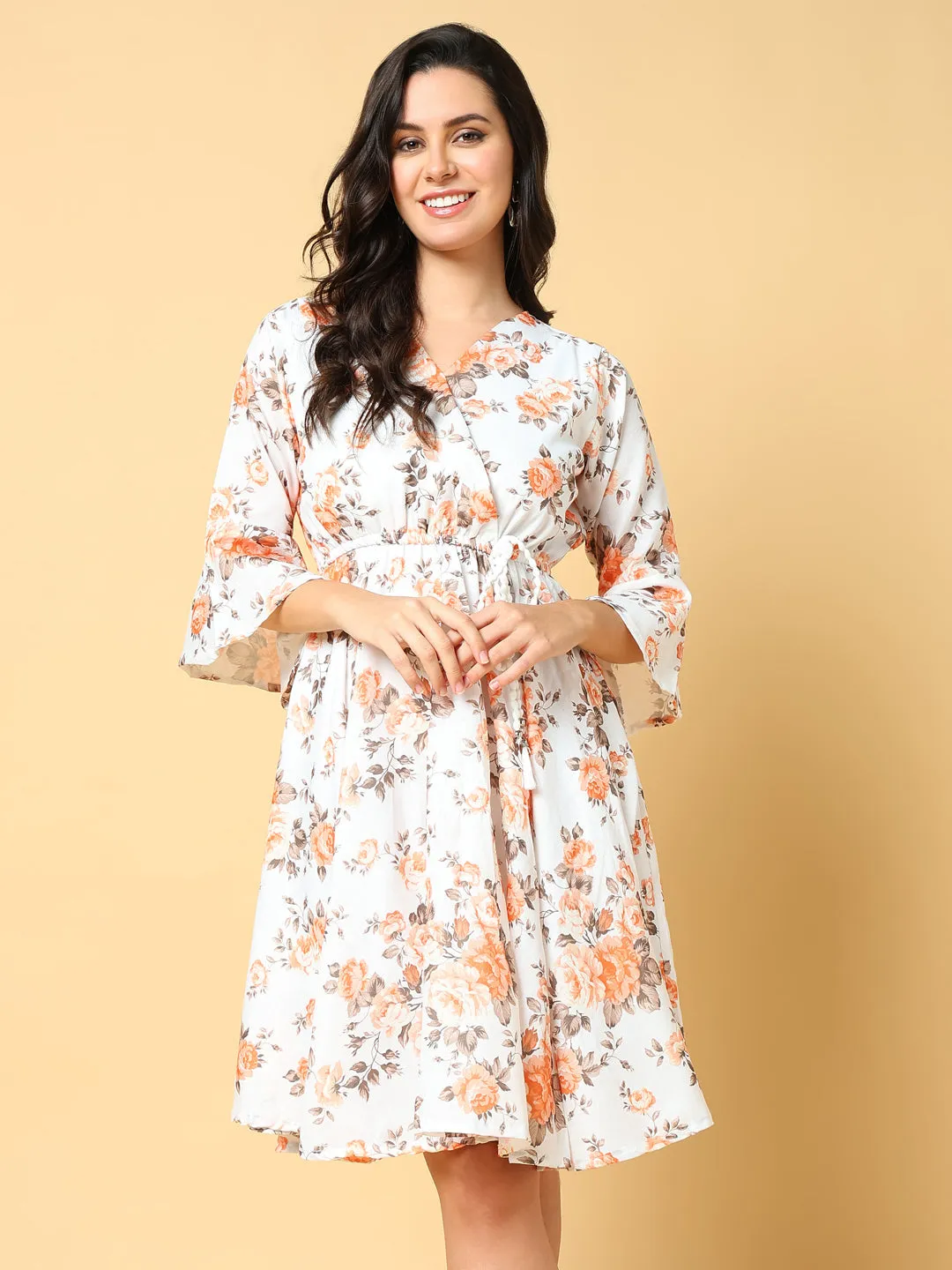 Women's Orange Floral Printed Bell Sleeve Fit & Flare Dress Calm Aesthetic