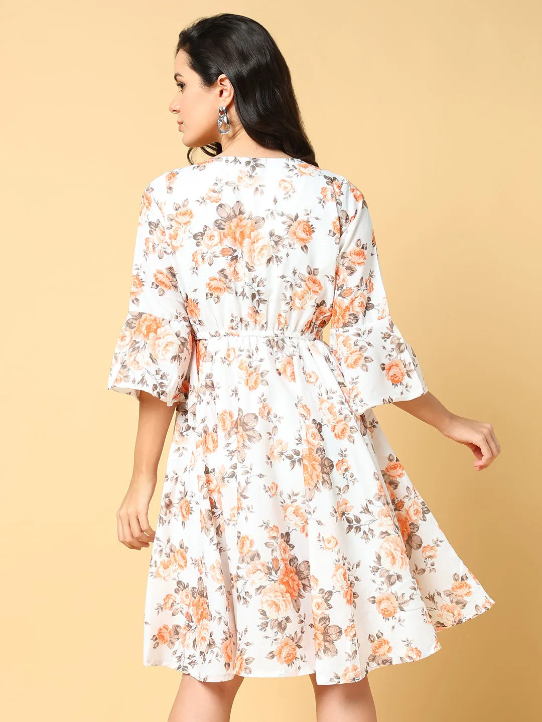 Chic casual Sophisticated Edge Women's Orange Floral Printed Bell Sleeve Fit & Flare Dress