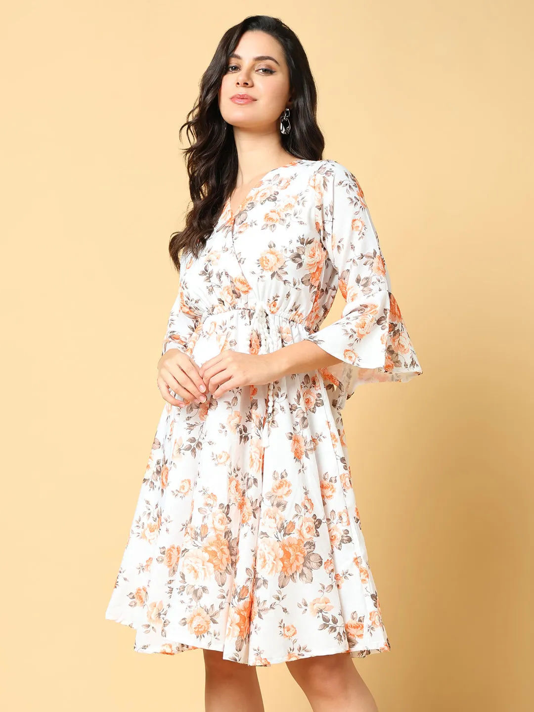 Smooth silhouette Women's Orange Floral Printed Bell Sleeve Fit & Flare Dress