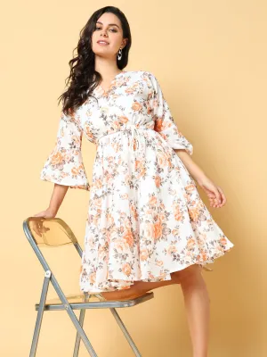 Women's Orange Floral Printed Bell Sleeve Fit & Flare Dress Party Perfect