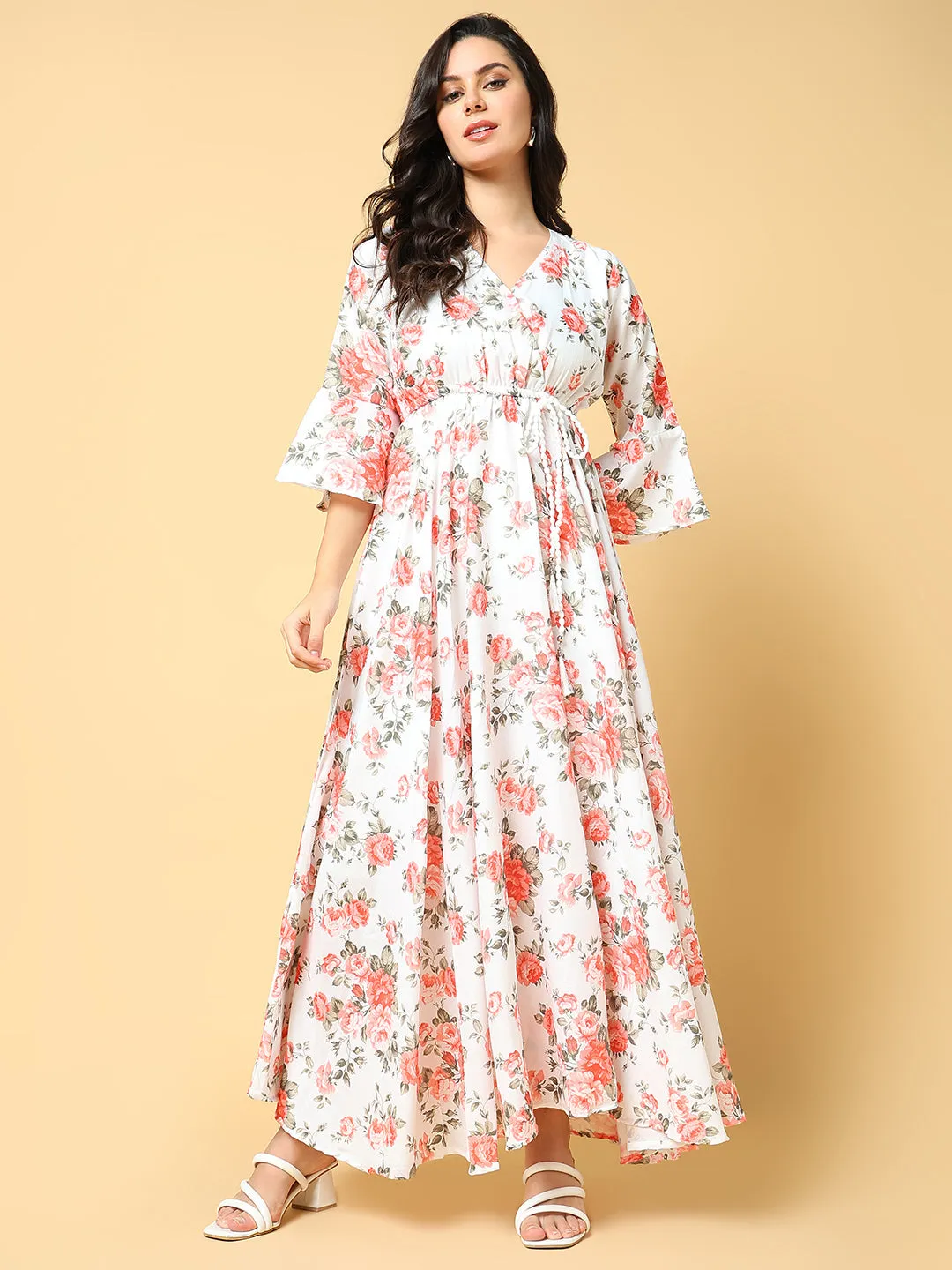 Modern Texture Women's Orange Floral Printed Bell Sleeves Fit and Flare Maxi Dress