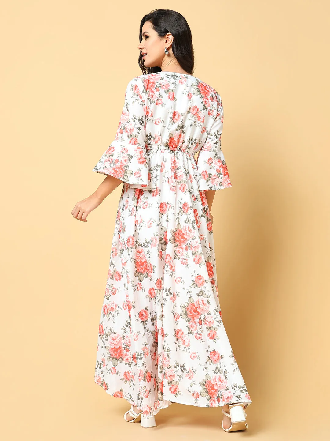 Women's Orange Floral Printed Bell Sleeves Fit and Flare Maxi Dress Relax Line