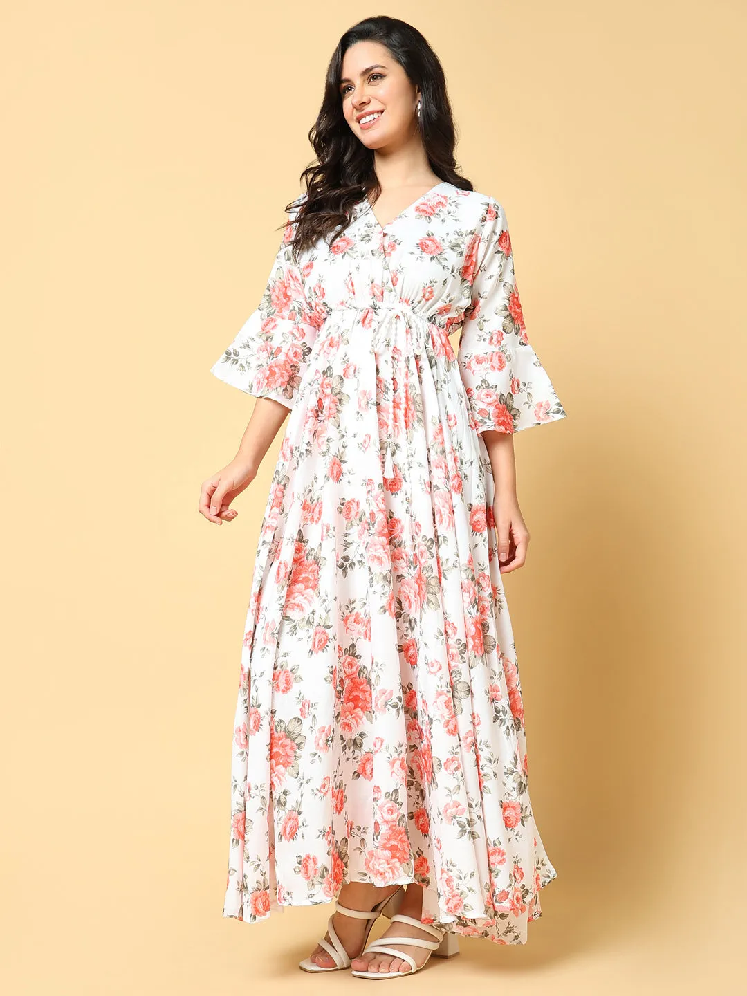 Perfect for Layering Women's Orange Floral Printed Bell Sleeves Fit and Flare Maxi Dress