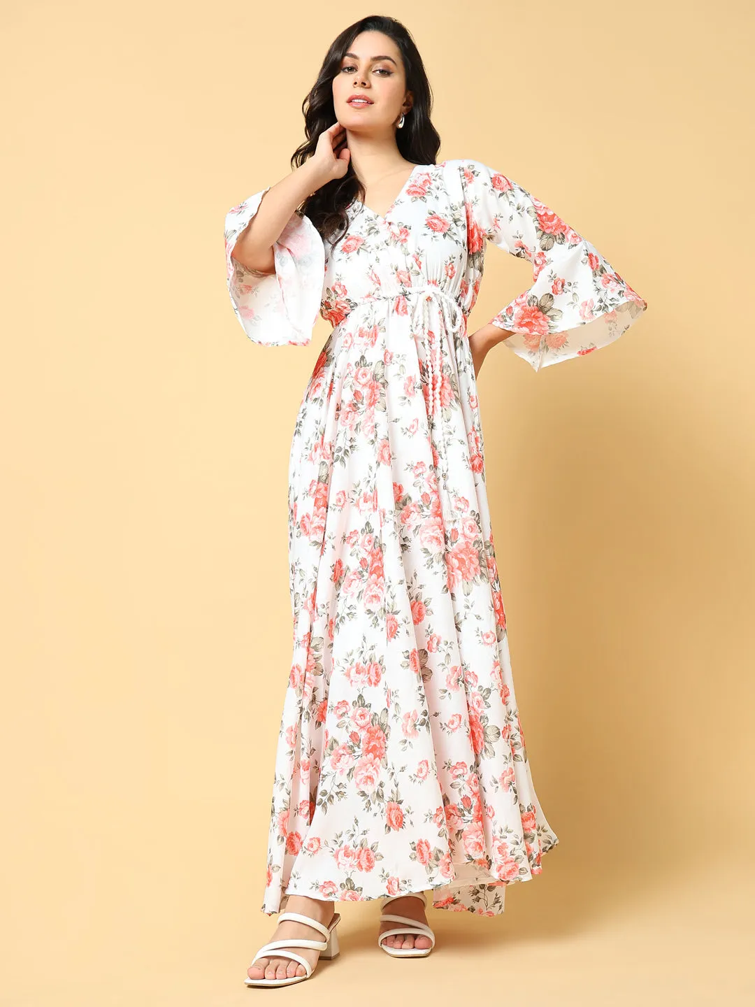 Women's Orange Floral Printed Bell Sleeves Fit and Flare Maxi Dress Fashionable Layers