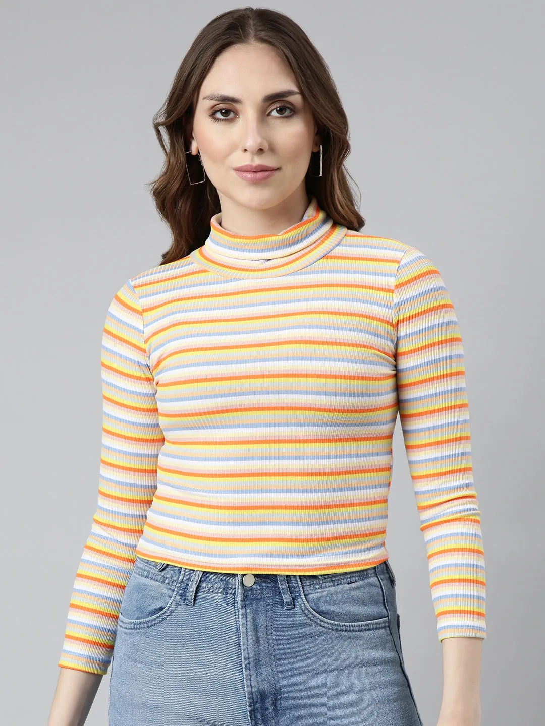 Easy Look Fashion-Forward Women's Orange Striped Crop Top