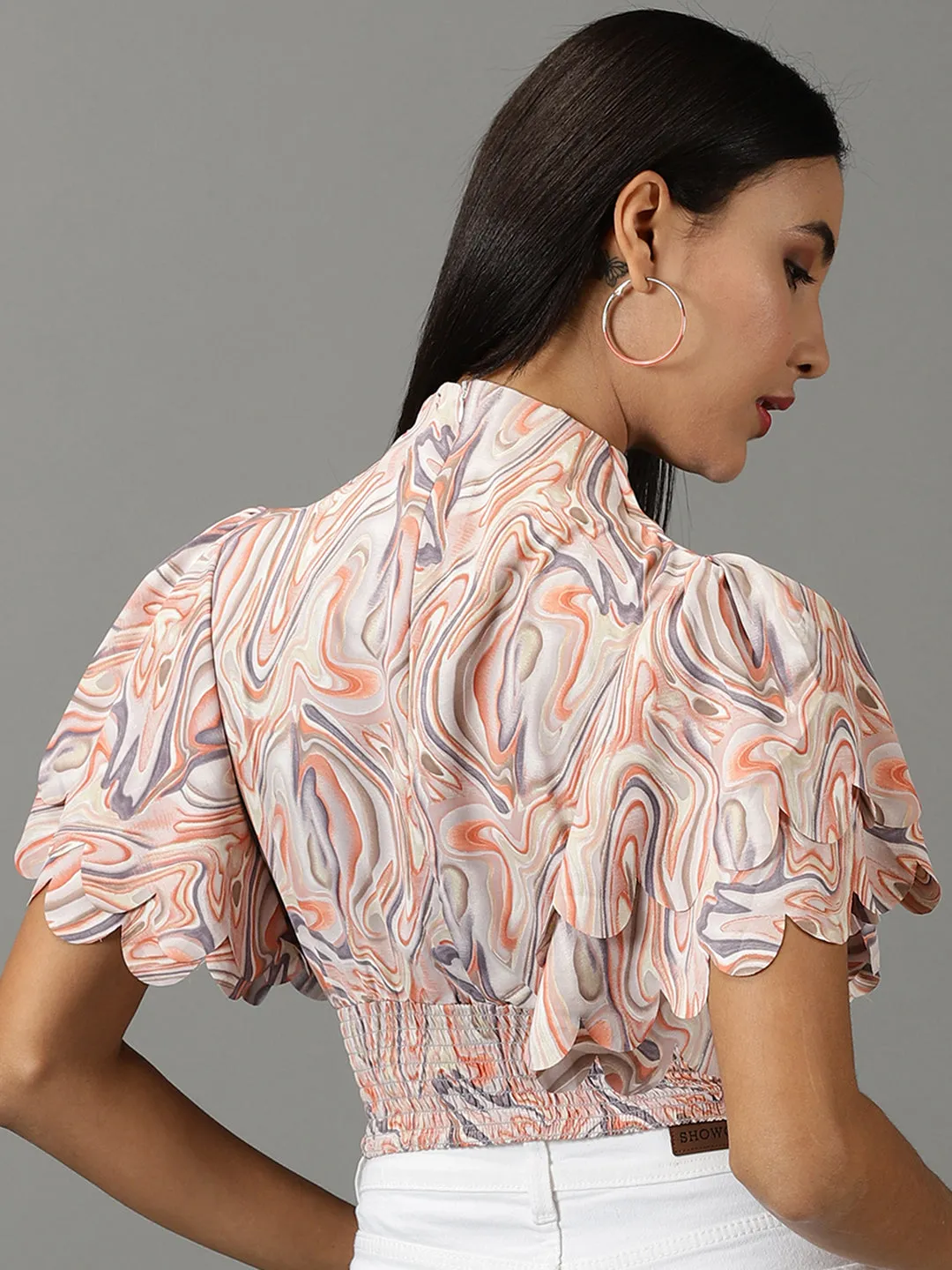 Outdoor Style Trend Women's Peach Abstract Printed High Neck Flared Sleeves Smocked Blouson Crop Top