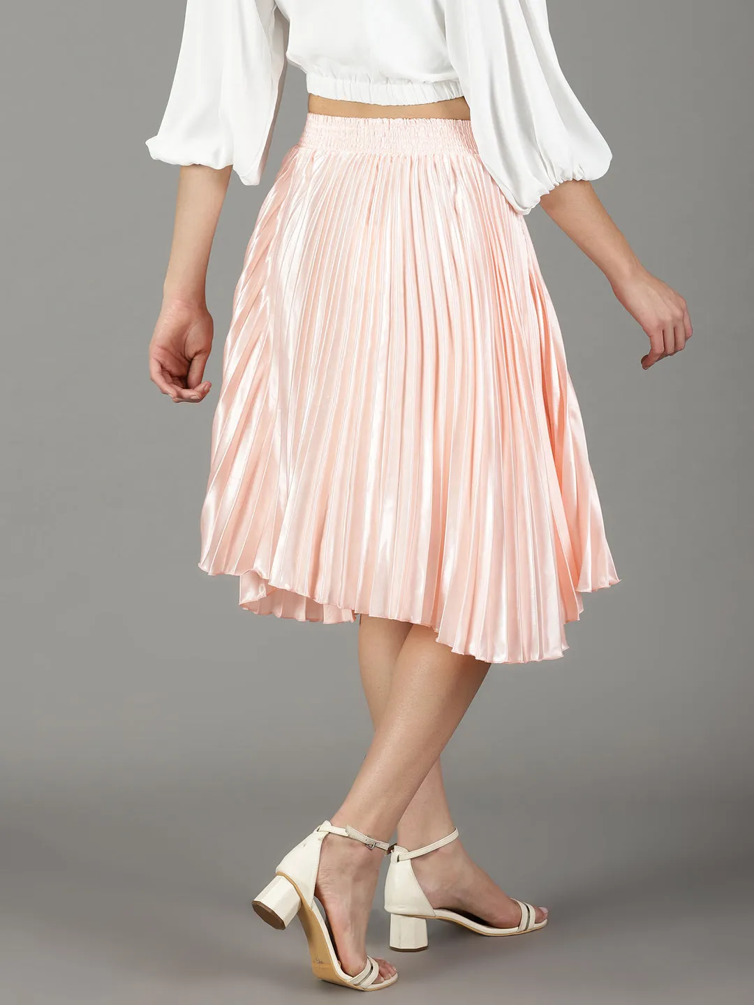 Stretch Comfort Women's Peach Accordion Pleated Flared Satin Skirt
