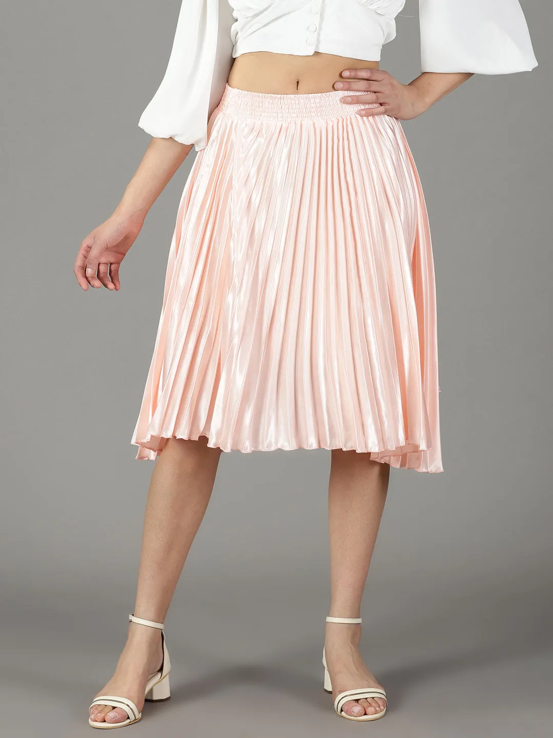 Split hem Women's Peach Accordion Pleated Flared Satin Skirt