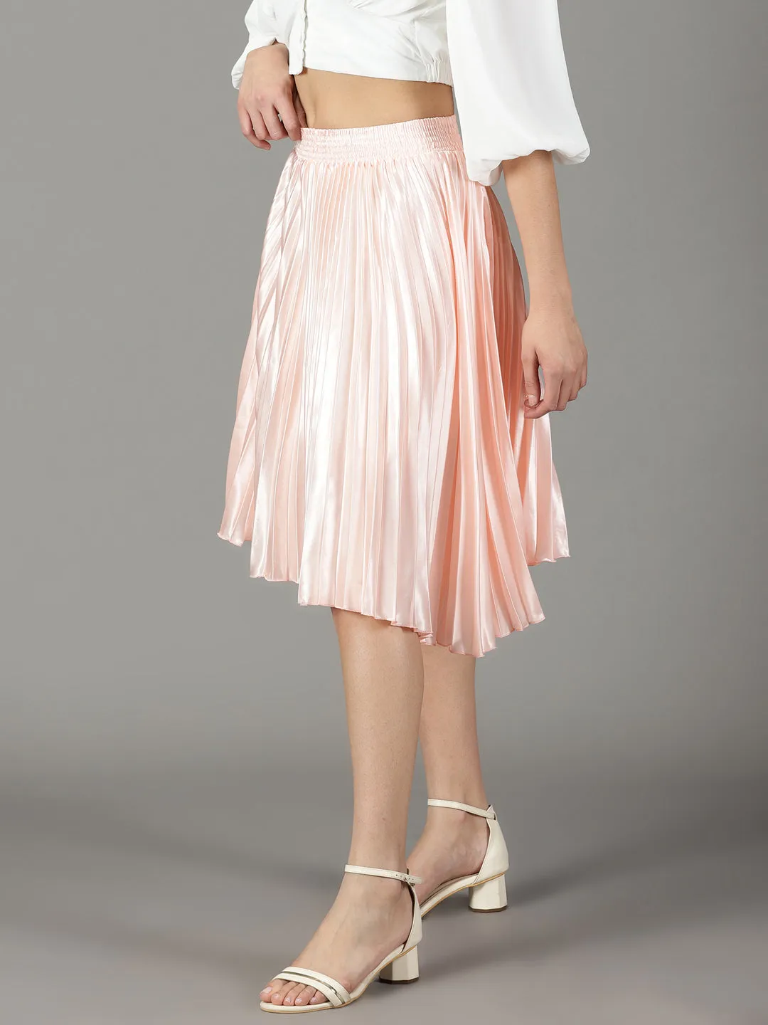 Women's Peach Accordion Pleated Flared Satin Skirt Fashion Style Mix Culture