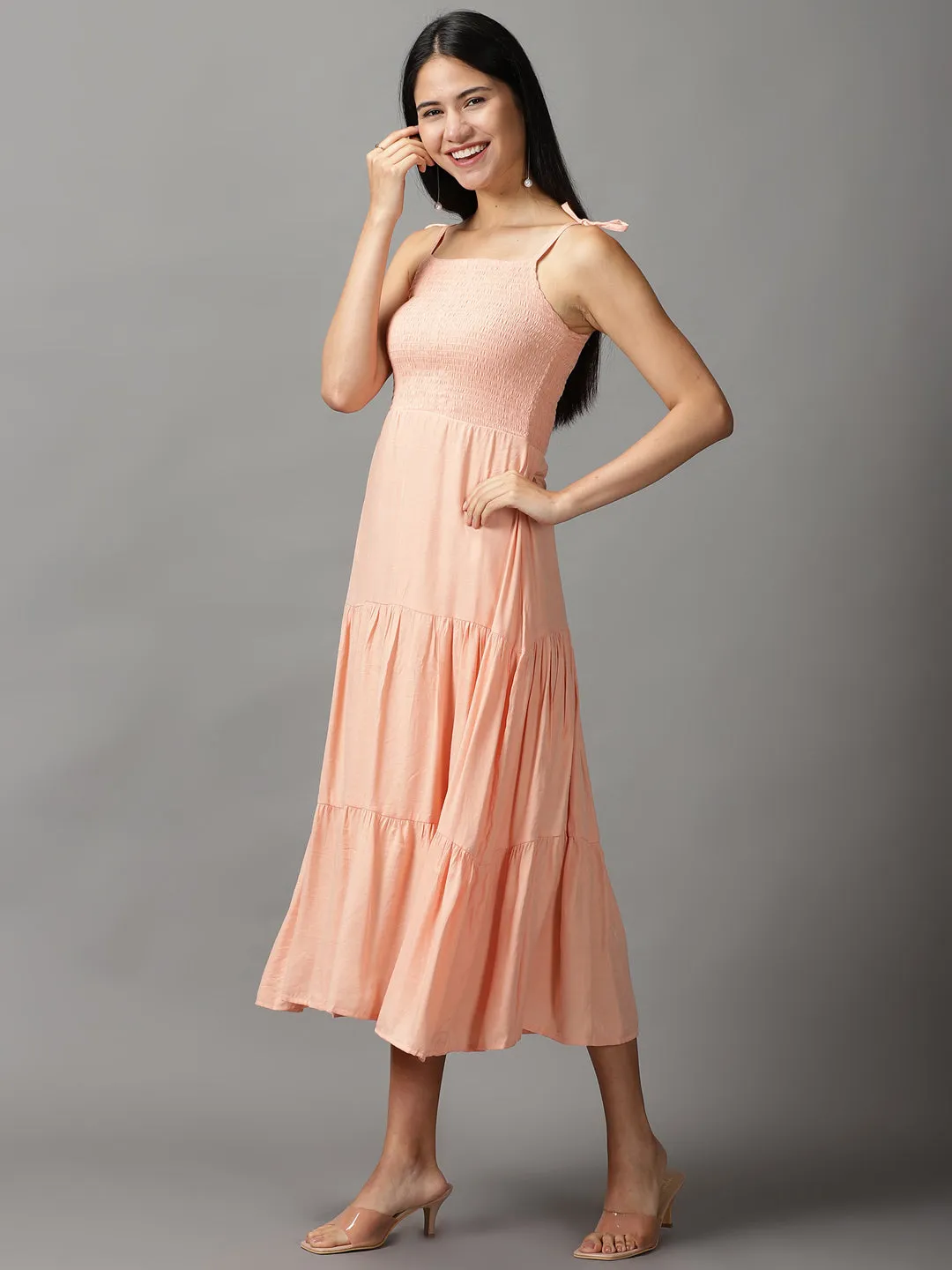 Women's Peach Crepe Fit & Flare Maxi Dress Feminine Fit Street Edge
