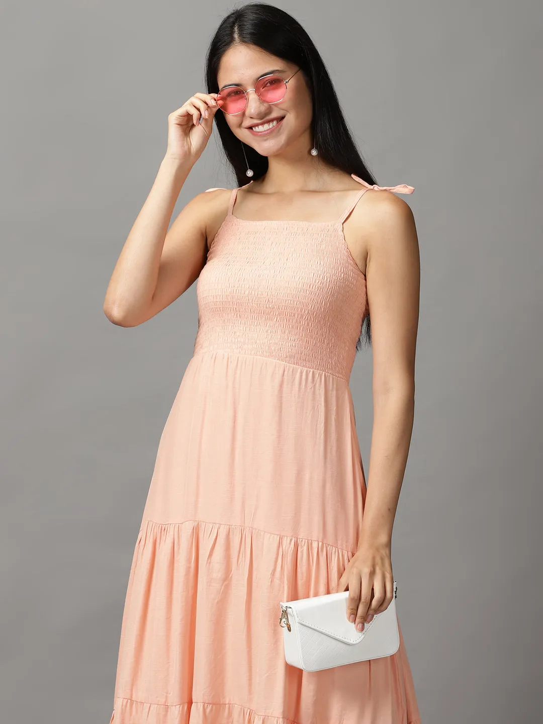 Tall-Fit Women's Peach Crepe Fit & Flare Maxi Dress