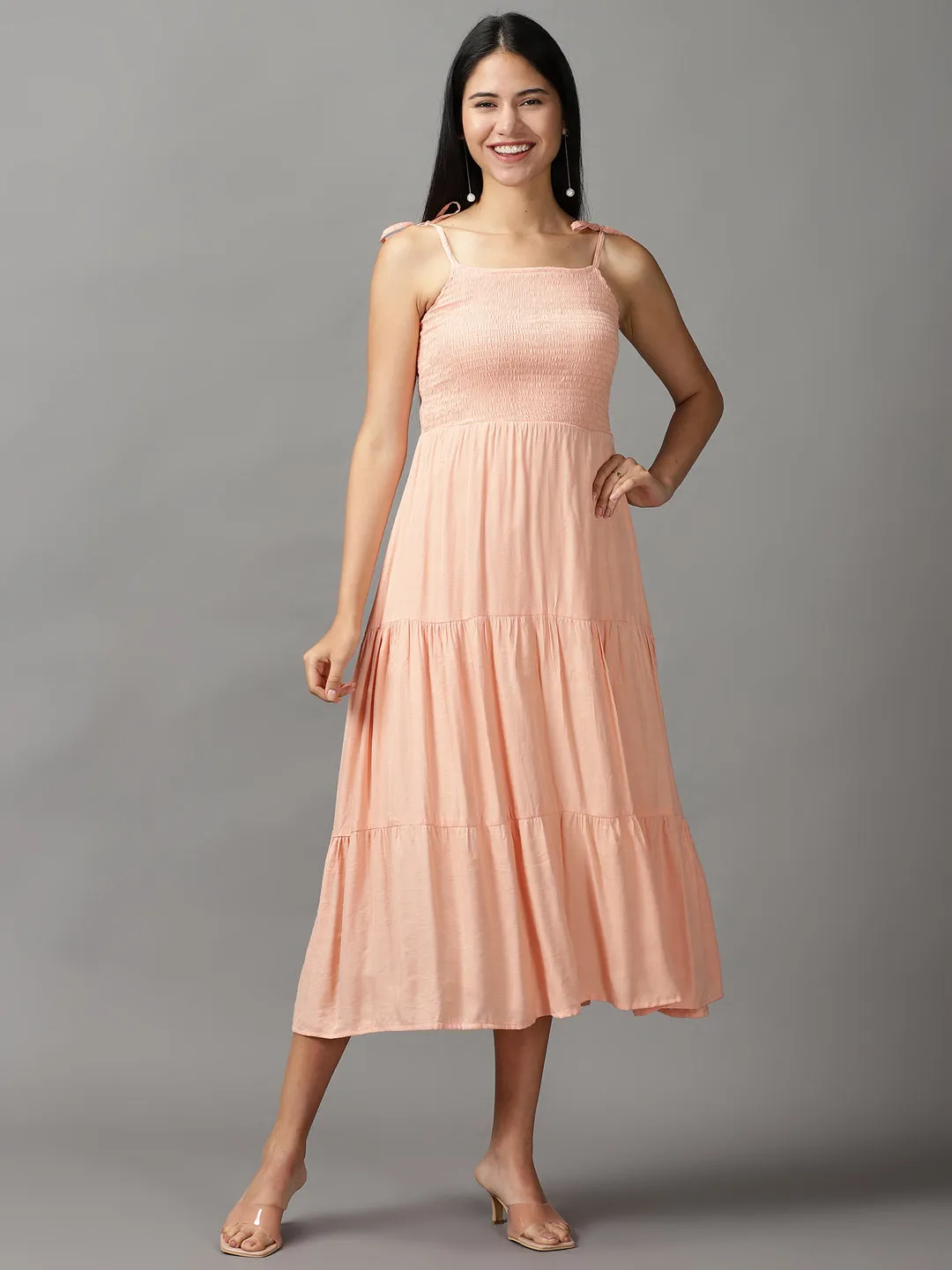 All Timewear Women's Peach Crepe Fit & Flare Maxi Dress