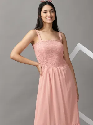 Women's Peach Crepe Fit & Flare Midi Dress Chic Casual Wear Calm Grace
