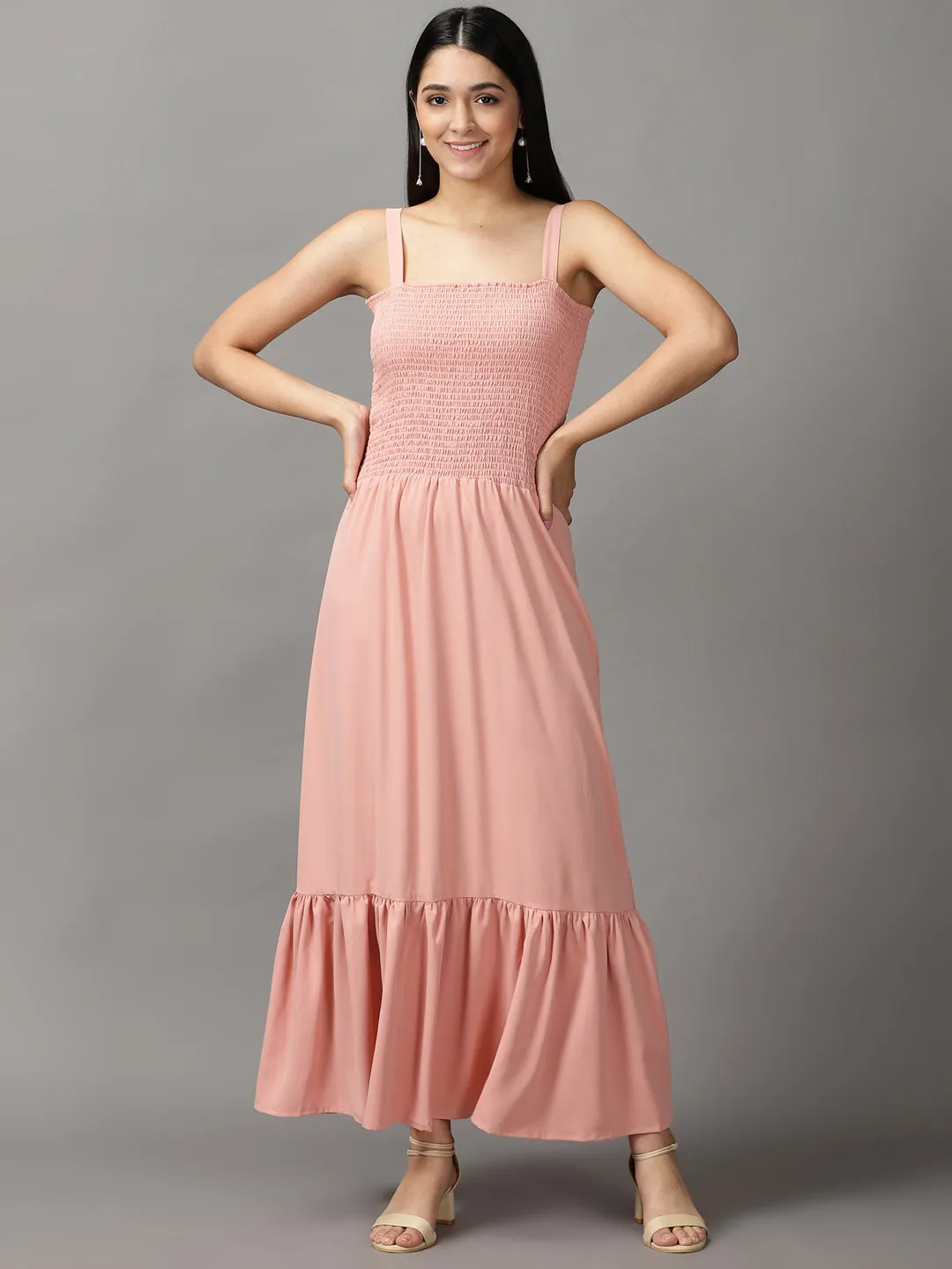 Fall Ready Women's Peach Crepe Fit & Flare Midi Dress