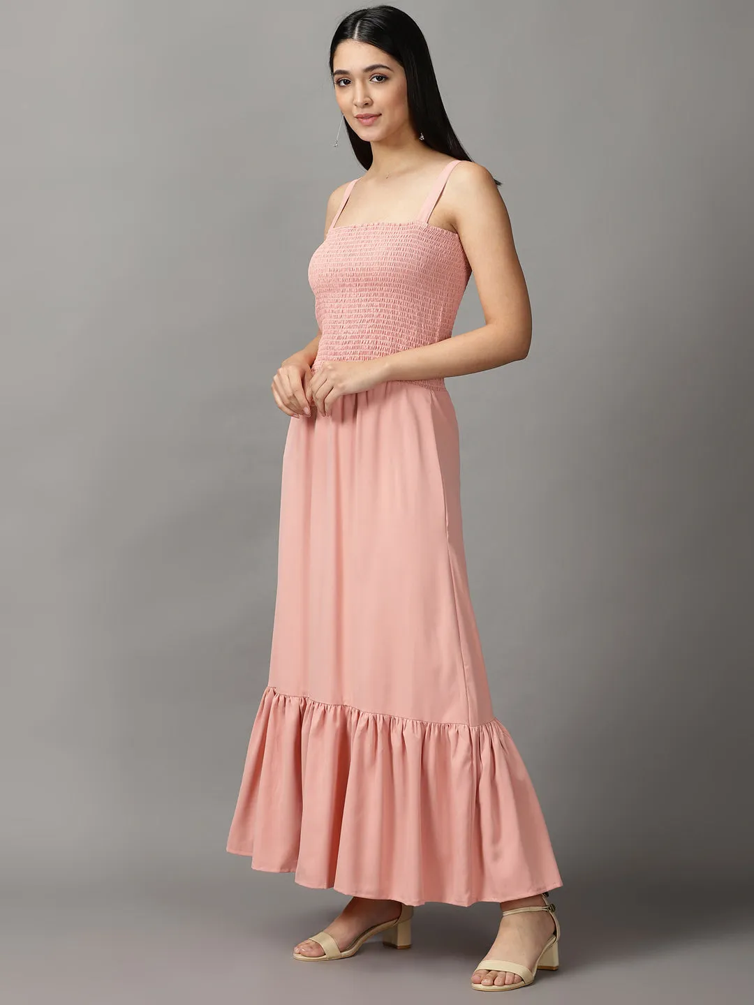 Women's Peach Crepe Fit & Flare Midi Dress Modern Design